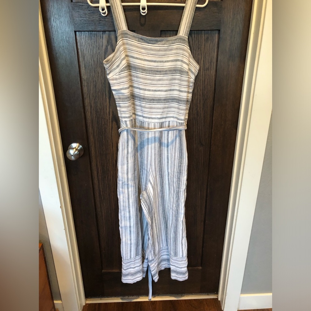 Beach Lunch Lounge Jumpsuit Women’s Small blue Striped Linen Blend Wide Leg